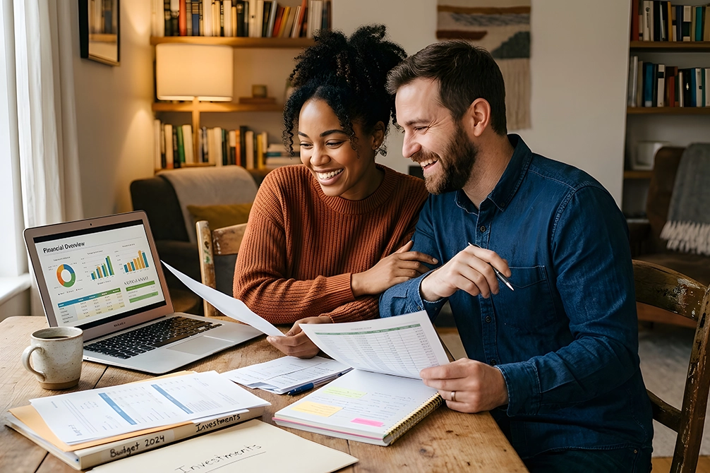 Canadian couple reviewing financial documents and planning their taxes and investments